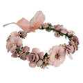 Blush rose wedding garland flower crown with fabric roses green leaves gold beads and a sheer ribbon bow for bridal wear
