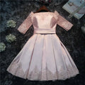 Blush satin lace evening dress in blush pink with three quarter sleeves and lace trim for bride wedding toast events