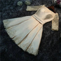 A cream blush satin lace evening dress with delicate gold lace trim for bride wedding toast occasions