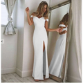 A sleek white off-the-shoulder fashion tube dress with high slit in blush satin luxury for women