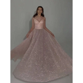 A blush sequined backless evening dress featuring a shimmering bodice and glitter-dusted tulle skirt