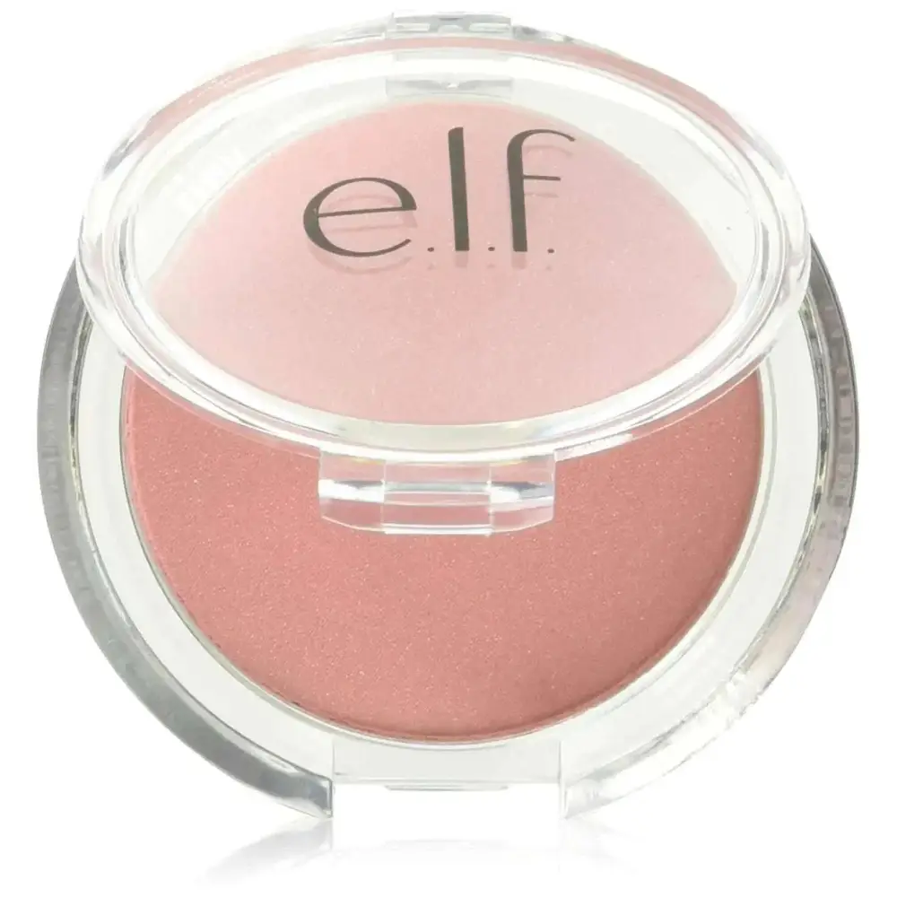A compact clear plastic blush case containing soft pink finely milled blushing pink powder by e.l.f