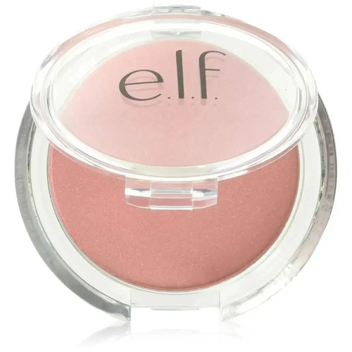 A compact clear plastic blush case containing soft pink finely milled blushing pink powder by e.l.f