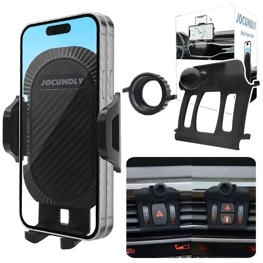 Black carbon fiber car phone mount with adjustable clamps and suction cup base for BMW X5 X6 dashboard use