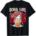 Black short-sleeved cotton t-shirt featuring boba girl anime cartoon with brown hair sipping boba tea and yellow stars