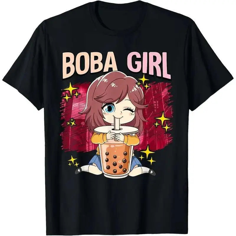 Black short-sleeved t-shirt with boba girl anime cartoon and pink text featuring girl anime graphic tee design