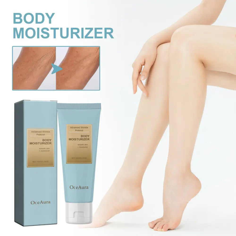 Light blue tube of oceaura body butter anti aging moisturizing cream with white cap and gold label