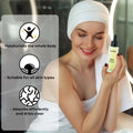 A sleek pale yellow syabo skincare body oil in a clear glass bottle with black dropper for care essential oils use