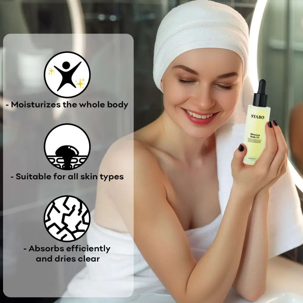 A sleek pale yellow syabo skincare body oil in a clear glass bottle with black dropper for care essential oils use