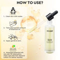 A clear glass bottle of syabo skincare body oil with a black dropper cap containing light golden care essential oils