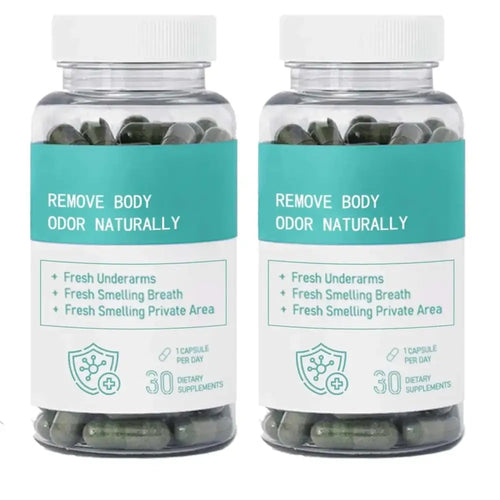 Two clear plastic bottles with white caps containing 60 dark green capsules of body deodorizing supplement for odor removal