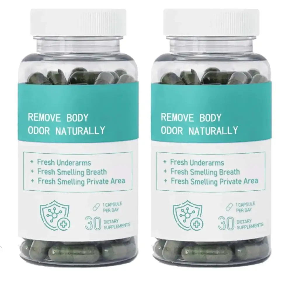 Two clear plastic bottles with teal and white labels containing 60 dark green capsules of body deodorizing supplement