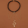 Black velvet choker necklace with bohemian boho gold snake leg chain pendant and beaded chain details leg chain jewelry