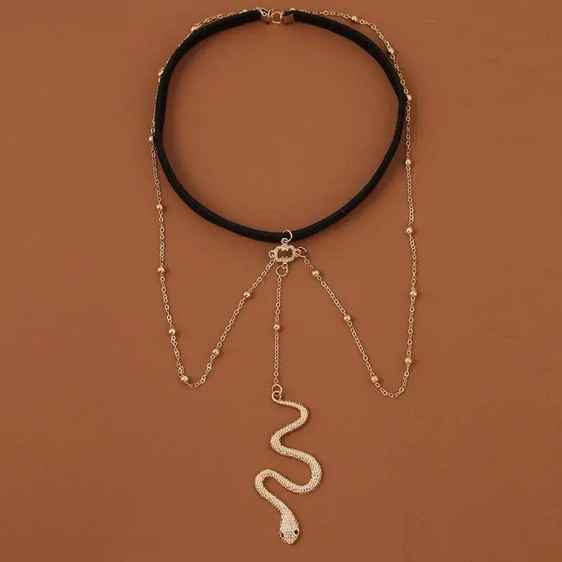 Black velvet choker necklace with bohemian boho gold snake leg chain pendant and beaded chain details leg chain jewelry