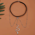 Black choker necklace with silver snake pendant and beaded chains in bohemian boho gold snake leg chain jewelry style