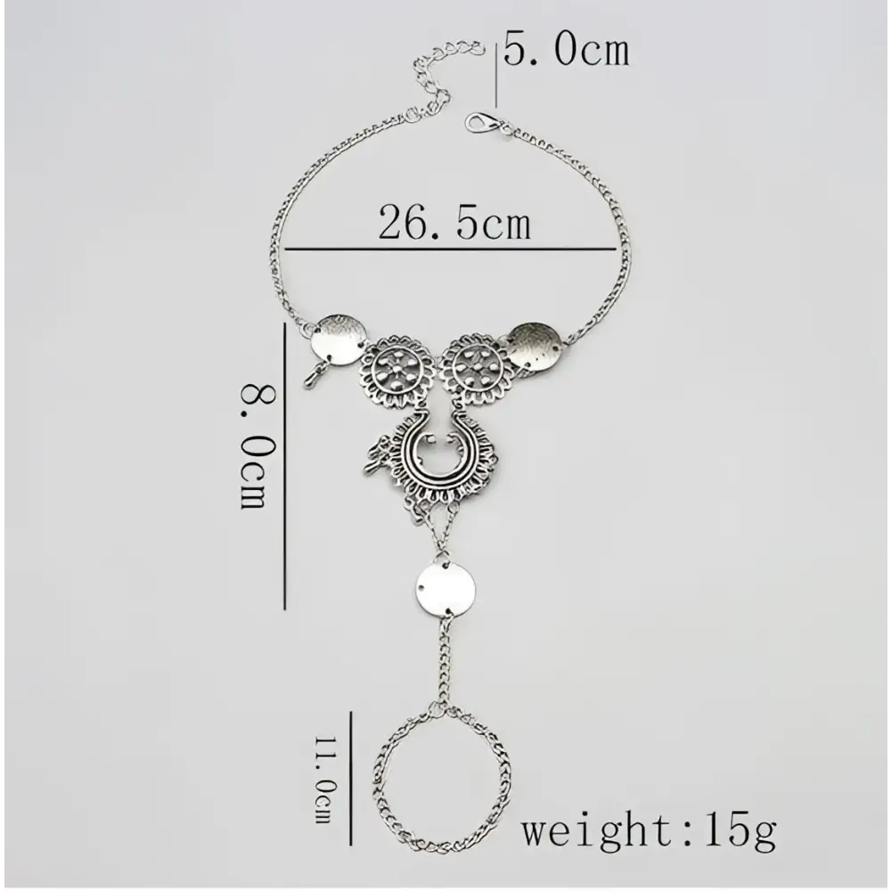 Silver-toned bohemian jewelry antique flower foot chain with floral and crescent moon charms and dangling pendant