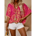 Vibrant pink bohemian orange vacation style batwing sleeve top with orange bohemian patterned geometric design