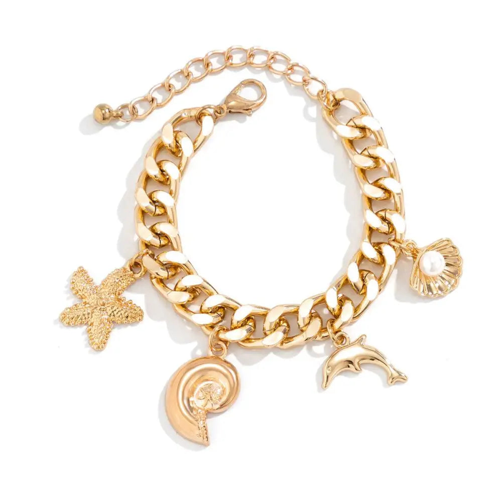 Gold-toned chunky chain bracelet with conch dolphin starfish charms from boho choker necklace bracelet set