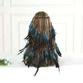 Boho fashion feather headband ornament with cascading blue and black feathers threaded through brown leather cords