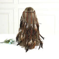 Boho fashion feather headband ornament with dark brown braided band and black tan white feathers tied by wooden beads