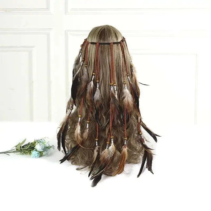 Boho fashion feather headband ornament with dark brown braided band and black tan white feathers tied by wooden beads