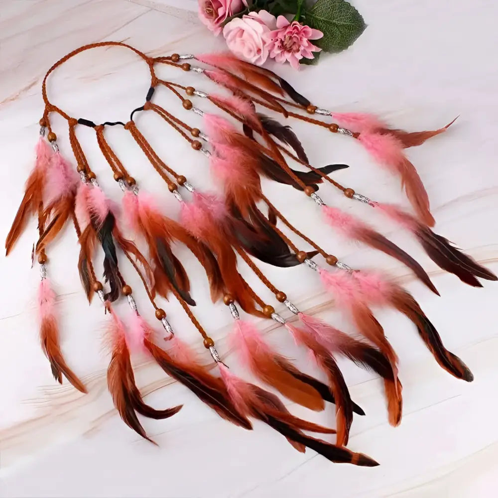 Boho fashion feather headband ornament with cascading pink and brown feathers featuring wooden beads and silver accents