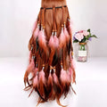 A boho fashion feather headband ornament with reddish-brown braided hair featuring pink feathers and wooden beads