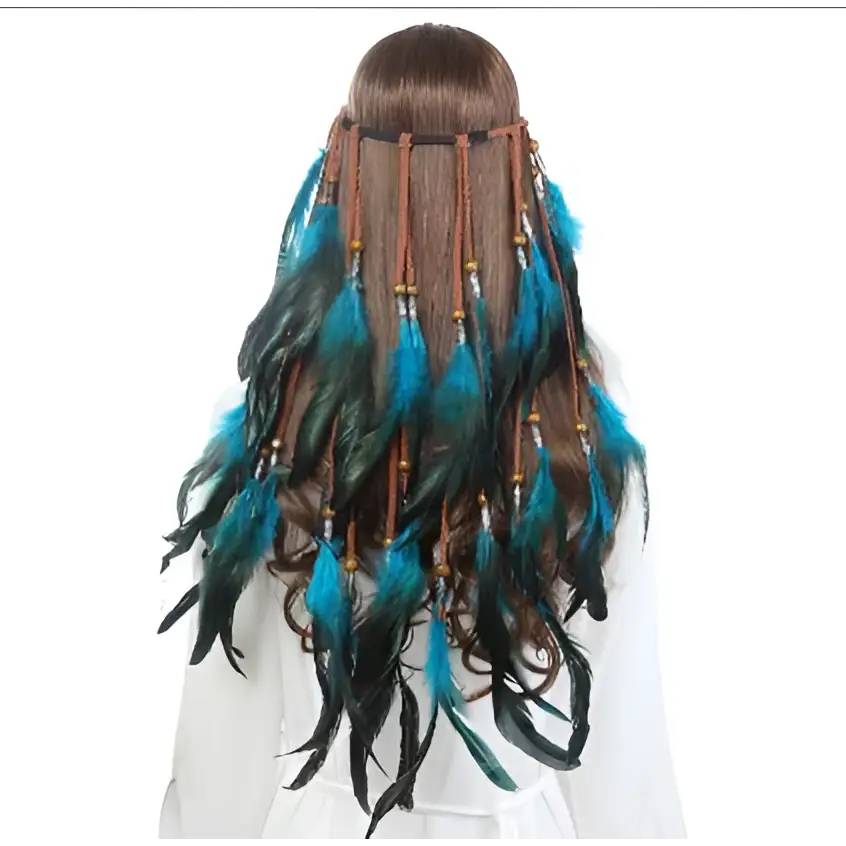 A boho fashion feather headband ornament featuring turquoise and black feathers with wooden beads on braided cords