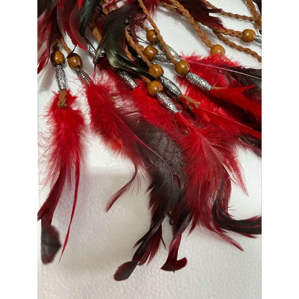 Boho fashion feather headband ornament with red and black feather tassels wooden beads and silver toned accents