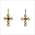 Gold-toned cross earrings with five white pearls and a crescent moon accent for luxury women’s fashion accessories