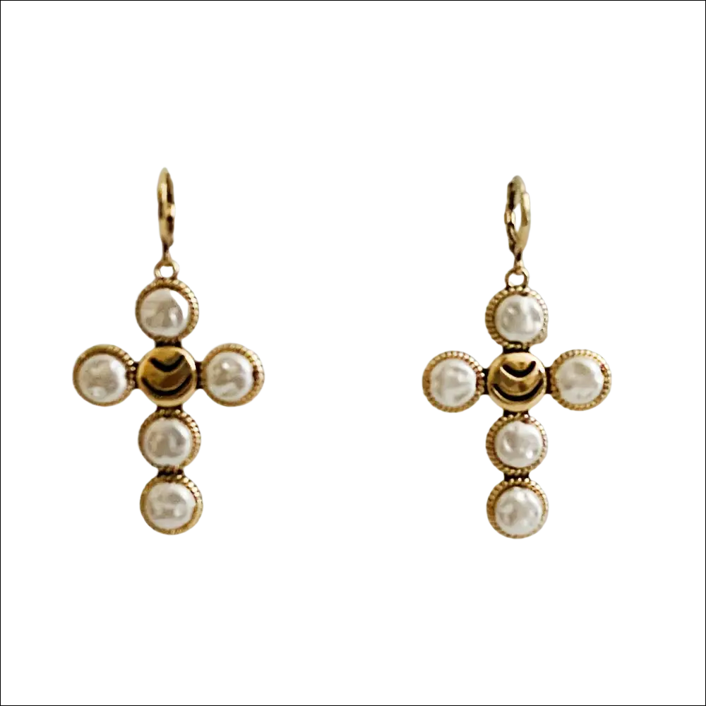 Gold-toned cross earrings with five white pearls and a crescent moon accent for luxury women’s fashion accessories