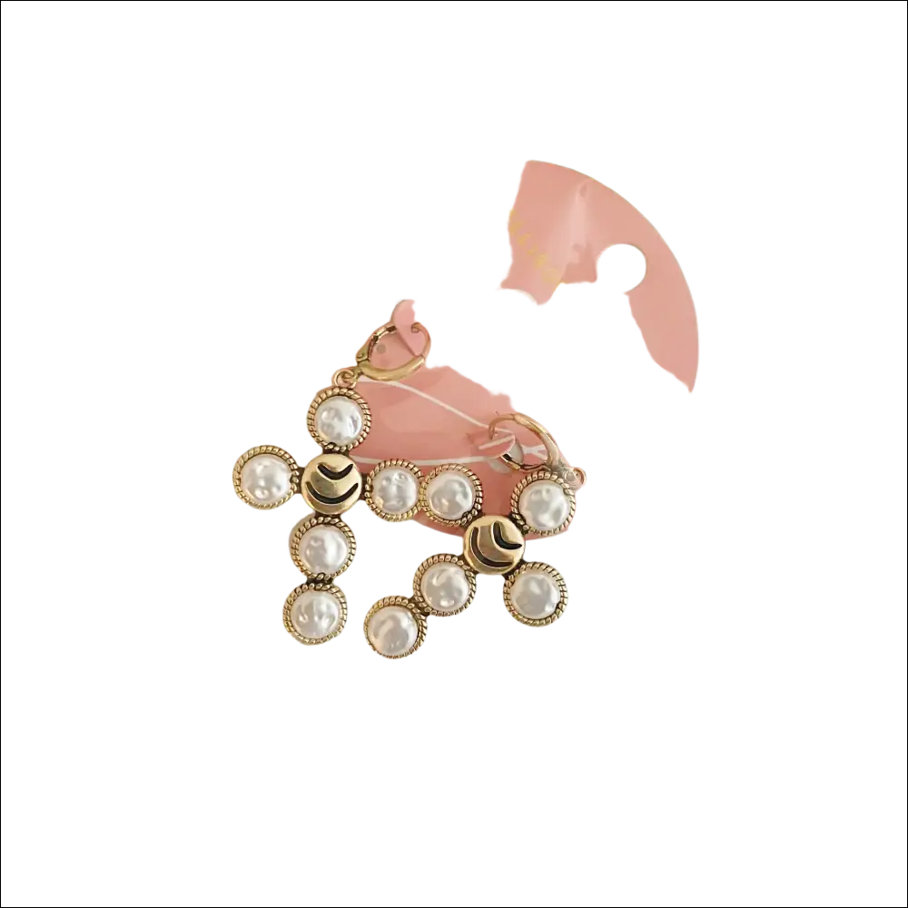 Gold-toned cross earrings with round pearls and black-and-gold crescent accents for luxury women’s fashion