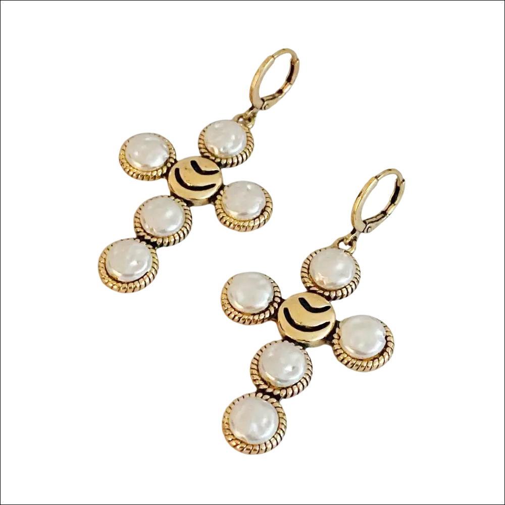 Boho pearl smiling face gold cross earrings with white pearls for luxury women’s fashion and cross earrings style