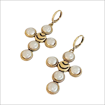 Boho pearl smiling face gold cross earrings with white pearls for luxury women’s fashion and cross earrings style