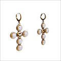 Gold-toned cross earrings with white round cameo stones in detailed metal frame for luxury women’s fashion