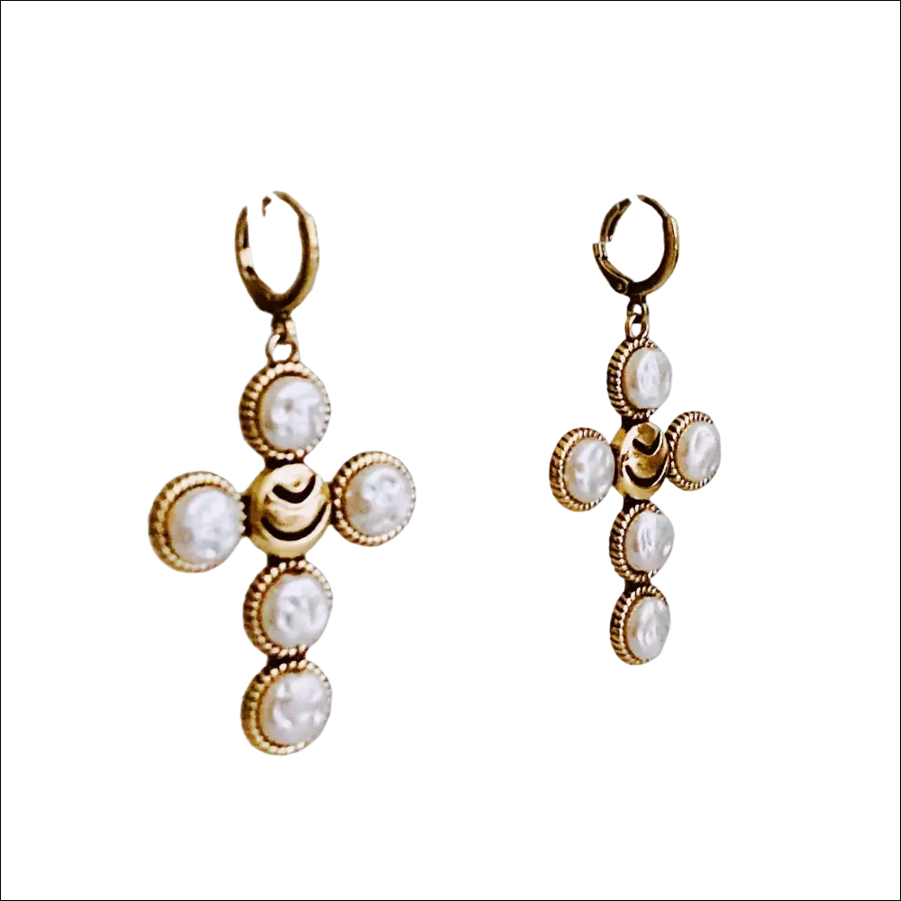 Gold-toned cross earrings with white round cameo stones in detailed metal frame for luxury women’s fashion