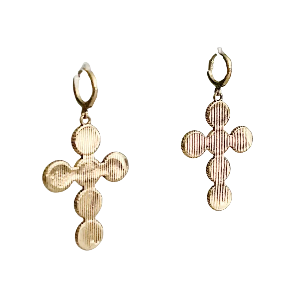 Gold-toned cross earrings with textured ribbed surface and circular accents ideal for luxury women’s fashion accessory