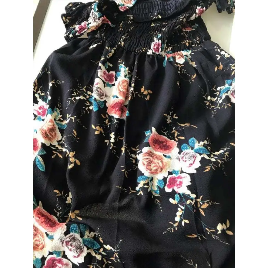 Boho style long dress women floral black with ruffled neckline and elastic waistband shoulder maxi design