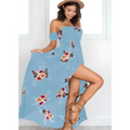 A light blue boho style long off shoulder maxi dress women floral with vibrant pink orange and burgundy patterns
