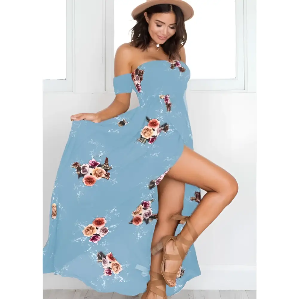 A light blue boho style long off shoulder maxi dress women floral with vibrant pink orange and burgundy patterns