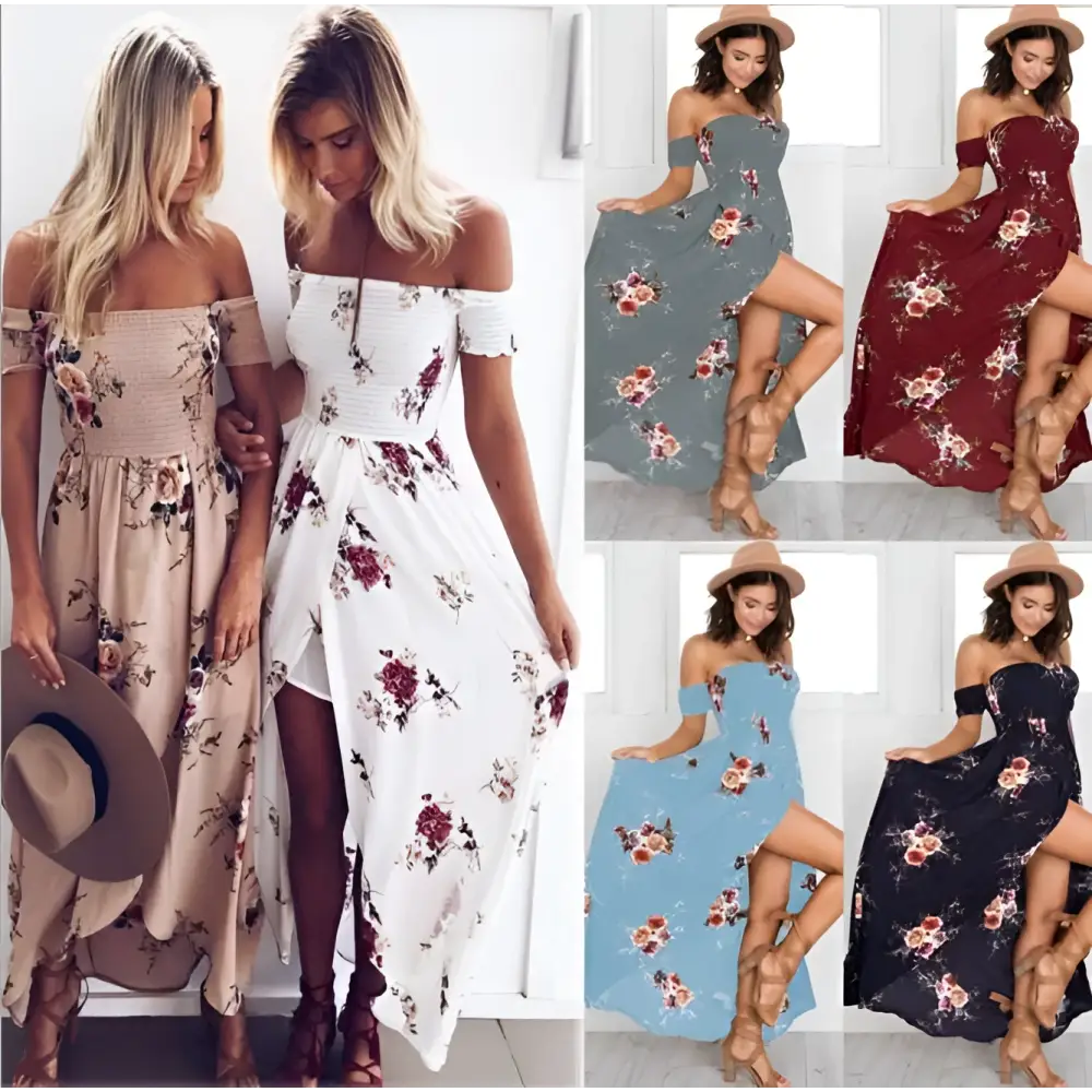 Beige floral off-the-shoulder maxi dress women floral with high slit and smocked waistband boho style long shoulder maxi