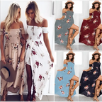 Beige floral off-the-shoulder maxi dress women floral with high slit and smocked waistband boho style long shoulder maxi