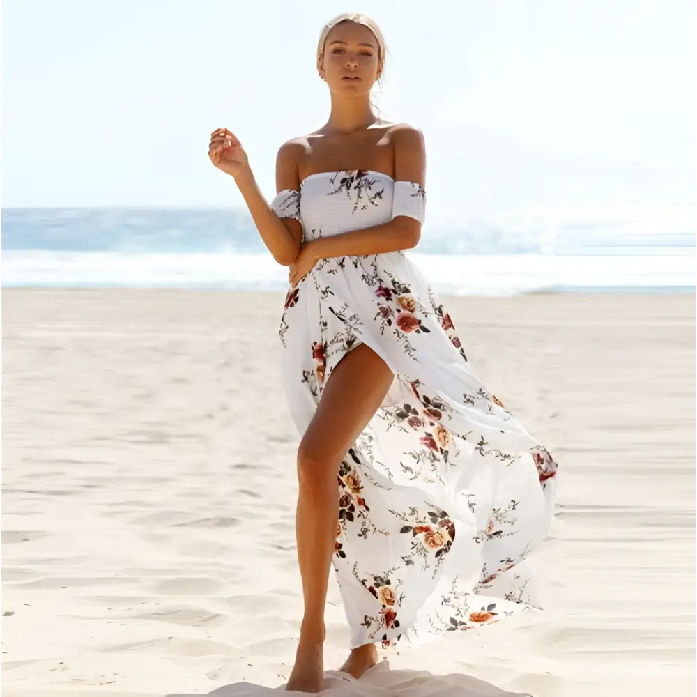 Beige floral off-the-shoulder maxi dress women floral with high slit and smocked waistband boho style long shoulder maxi