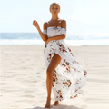 White boho style long dress women floral off shoulder maxi with flowing skirt and red orange brown floral pattern