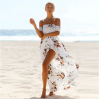 White boho style long dress women floral off shoulder maxi with flowing skirt and red orange brown floral pattern