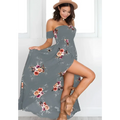 A gray flowing boho style long dress women floral with off shoulder design and vibrant pink peach and burgundy pattern