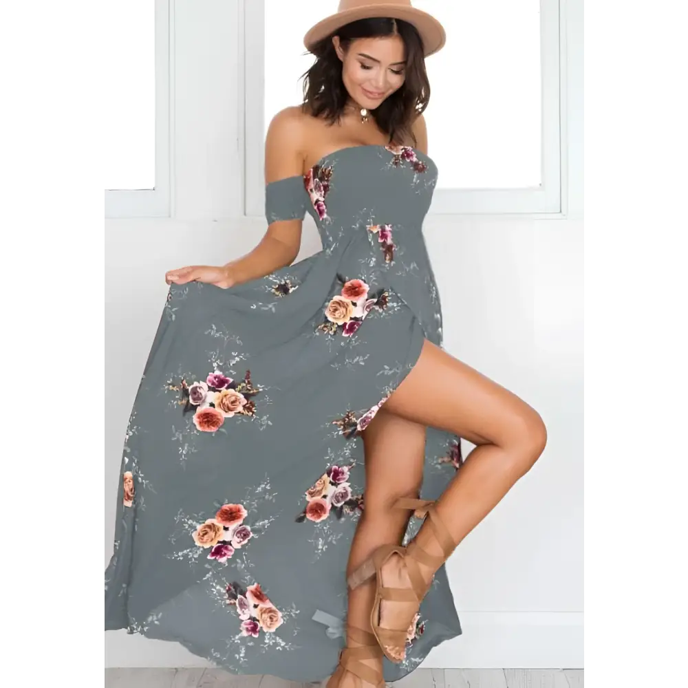 A gray flowing boho style long dress women floral with off shoulder design and vibrant pink peach and burgundy pattern