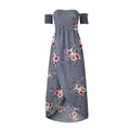 A gray boho style long dress women floral off shoulder maxi with pink white and beige roses on textured fabric