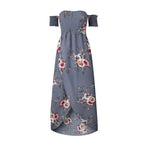 A gray boho style long dress women floral off shoulder maxi with pink white and beige roses on textured fabric