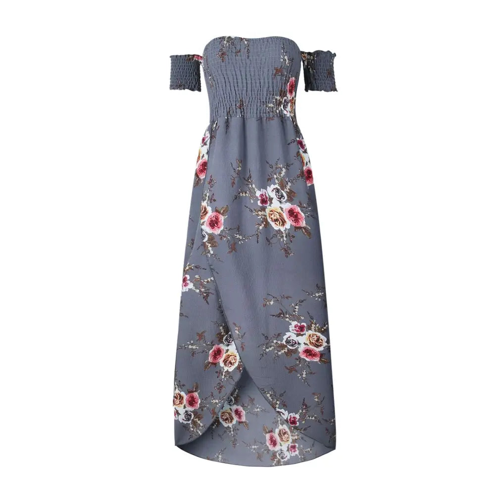 A gray boho style long dress women floral off shoulder maxi with pink white and beige roses on textured fabric